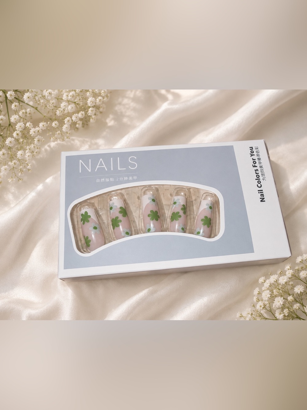 Pink Floral Clover Press-On Nails - Party Ready Set - 24 nails + adhesive tabs - Picture 3 of 3